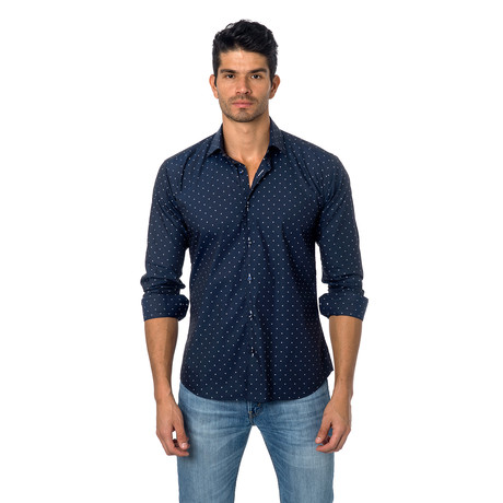 TOM Button-Up // Navy + White Striped Squares (S)