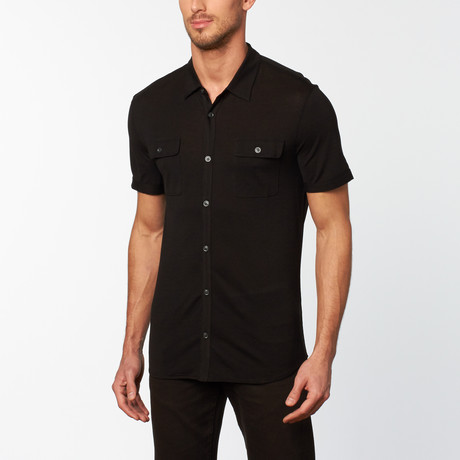 Short-Sleeve Button-Up Knit Shirt // Black (S)