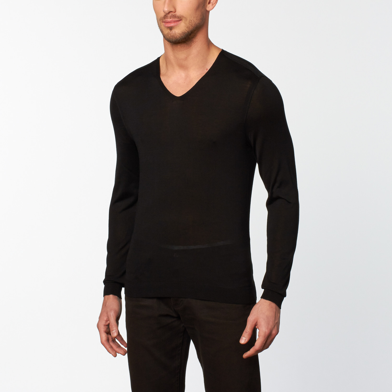 Vee Neck Contrast Stitch Sweater // Black (S) - The Clearout: John ...