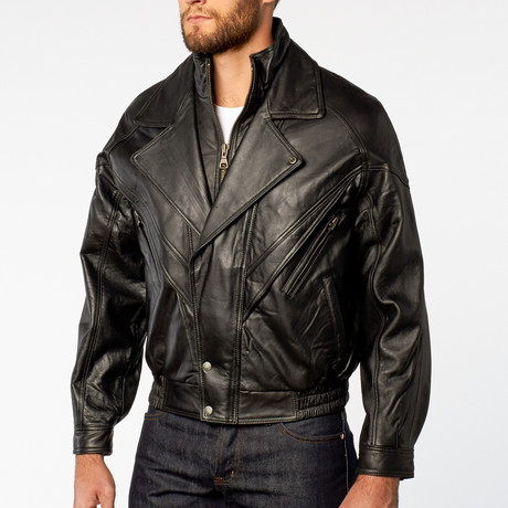 Classic Double-Collared Leather Bomber Jacket // Black (XS)