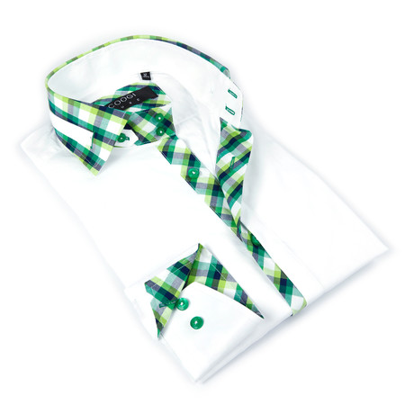 Button-Up Shirt + Plaid Detail // White + Lime Green (S)