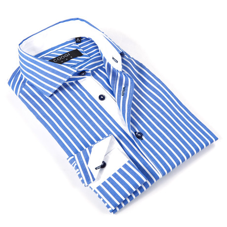 Striped Button-Up Shirt // Sea Blue + White (S)