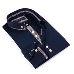 Button-Up Shirt + Geo Square Detail // Deep Navy + Multi Brown (XL)