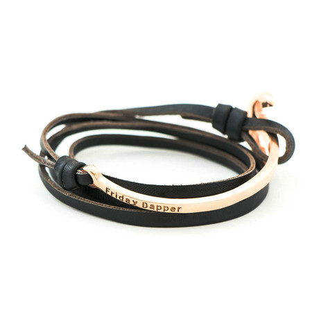 Black Leather Anchor Rose Gold