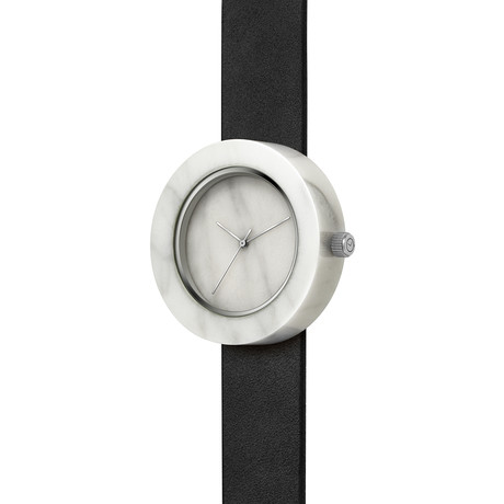 White Marble Round Swiss Quartz // Black Strap
