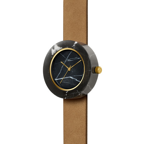 Black Marble Round Swiss Quartz // Tan Strap