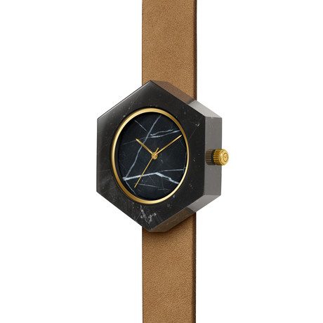 Black Marble Hex Swiss Quartz // Tan Strap