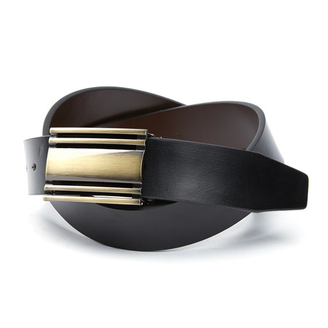 EMP // Bronze Plaque Reversible Leather Belt // Black + Brown (Waist 32)