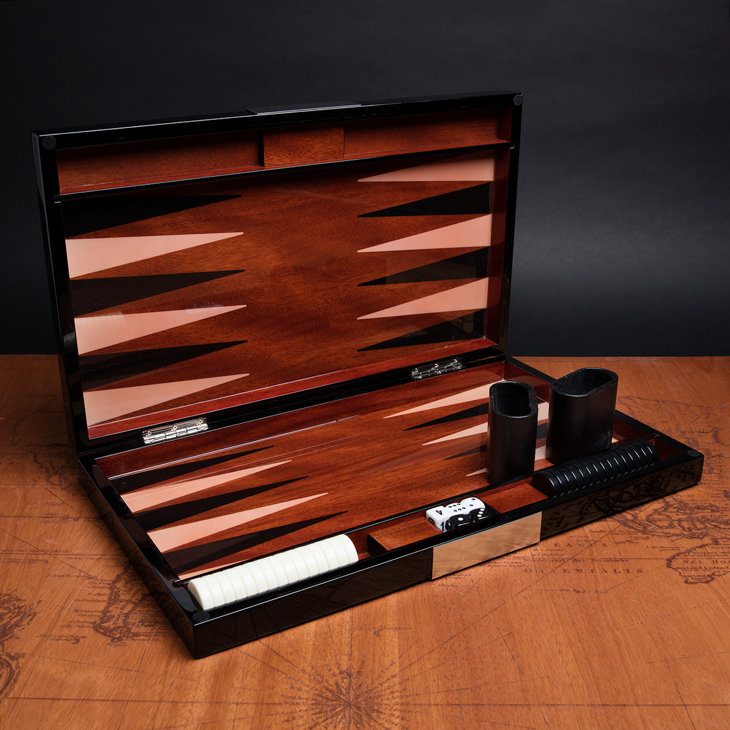 Red and Black Lacquered Chess and Backgammon Set