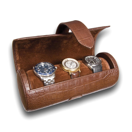 Portman Triple Watch Roll // Brown Leather Crocodile Pattern