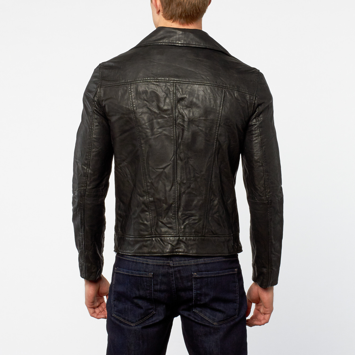 Barneys // Crinkled Leather Asymmetric Motorcycle Jacket // Black (XS ...