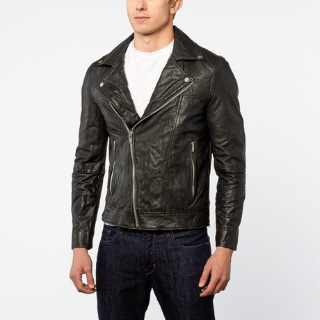 Barneys // Crinkled Leather Asymmetric Motorcycle Jacket // Black (XS)