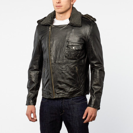 Barneys // Sheep Leather Asymmetric Aviator Jacket // Black (XS)