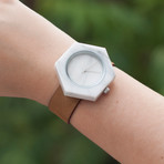White Marble Hex Swiss Quartz // Tan Strap