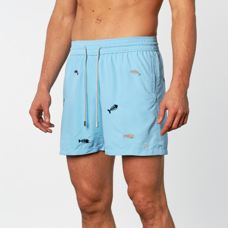 Fish Bones Embroidered Swim Short // Baby Blue (S)