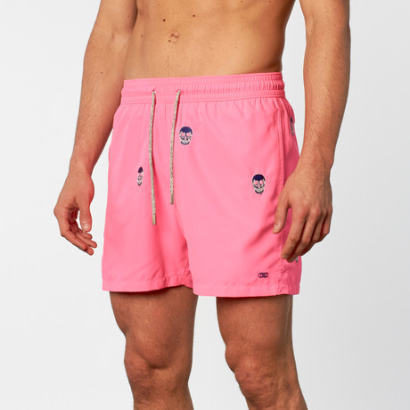 Dark Skull Embroidered Swim Short // Neon Fuchsia (S)
