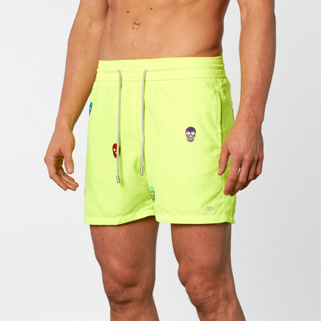 Skulls Embroidered Swim Short // Neon Yellow (S)