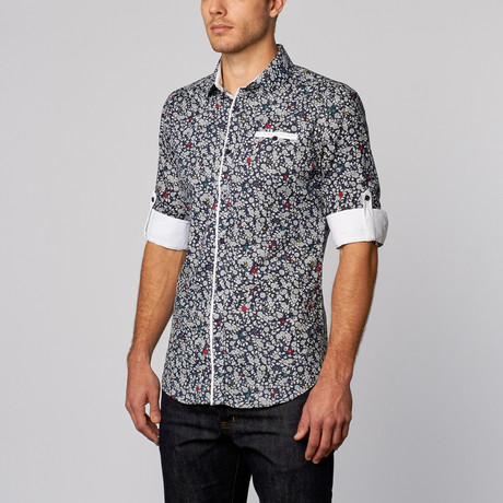 Floral Print Button-Up Shirt // Navy (S)