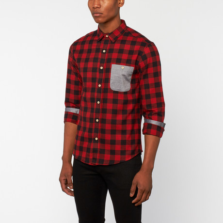 Long-Sleeve Buffalo Flannel + Chambray Pocket // Red (S)