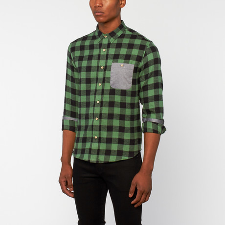 Long-Sleeve Buffalo Flannel + Chambray Pocket // Green (S)