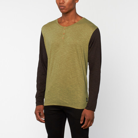 Long-Sleeve Slub Contrast Henley // Green + Black (S)