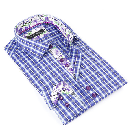 Button-Up Shirt + Floral Trim // Blue Plaid (S)