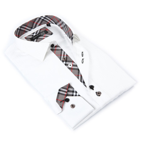 Button-Up Shirt + Dark Plaid Trim // White (S)