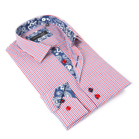 Button-Up Floral Shirt + Paisley Trim // Red + Blue Check (S)