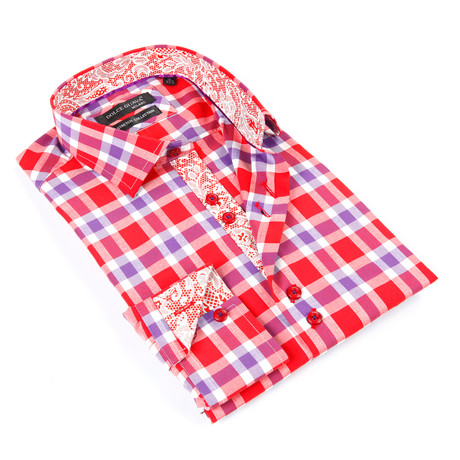 Button-Up Floral Shirt + Paisley Trim // Red + Purple Plaid (S)