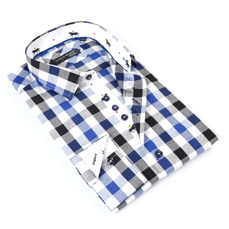 Button-Up Shirt + Horse Trim // Blue + Black Plaid (S)