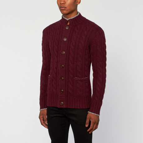 Merino Wool High Neck Cable Cardigan // Wine (S)