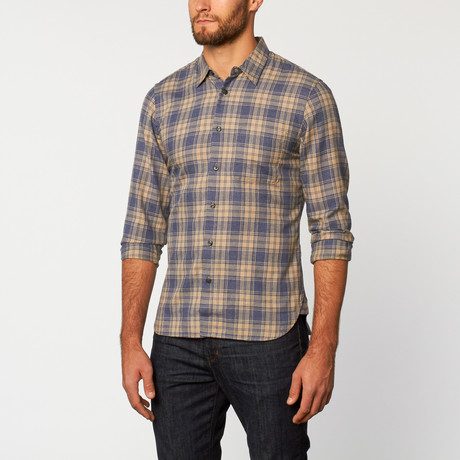 Slim French Seam Button-Up Shirt // Blue + Tan Plaid (S)