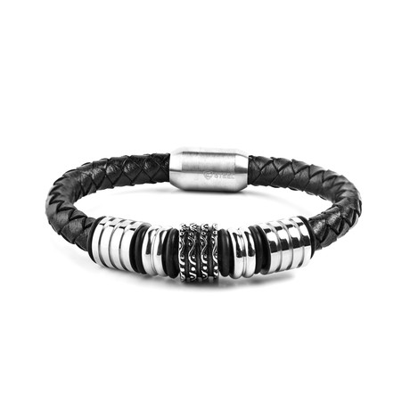 Stainless Steel Grooved Wavy Beaded Leather Bracelet