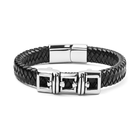 Stainless Steel Woven Leather ID Bracelet