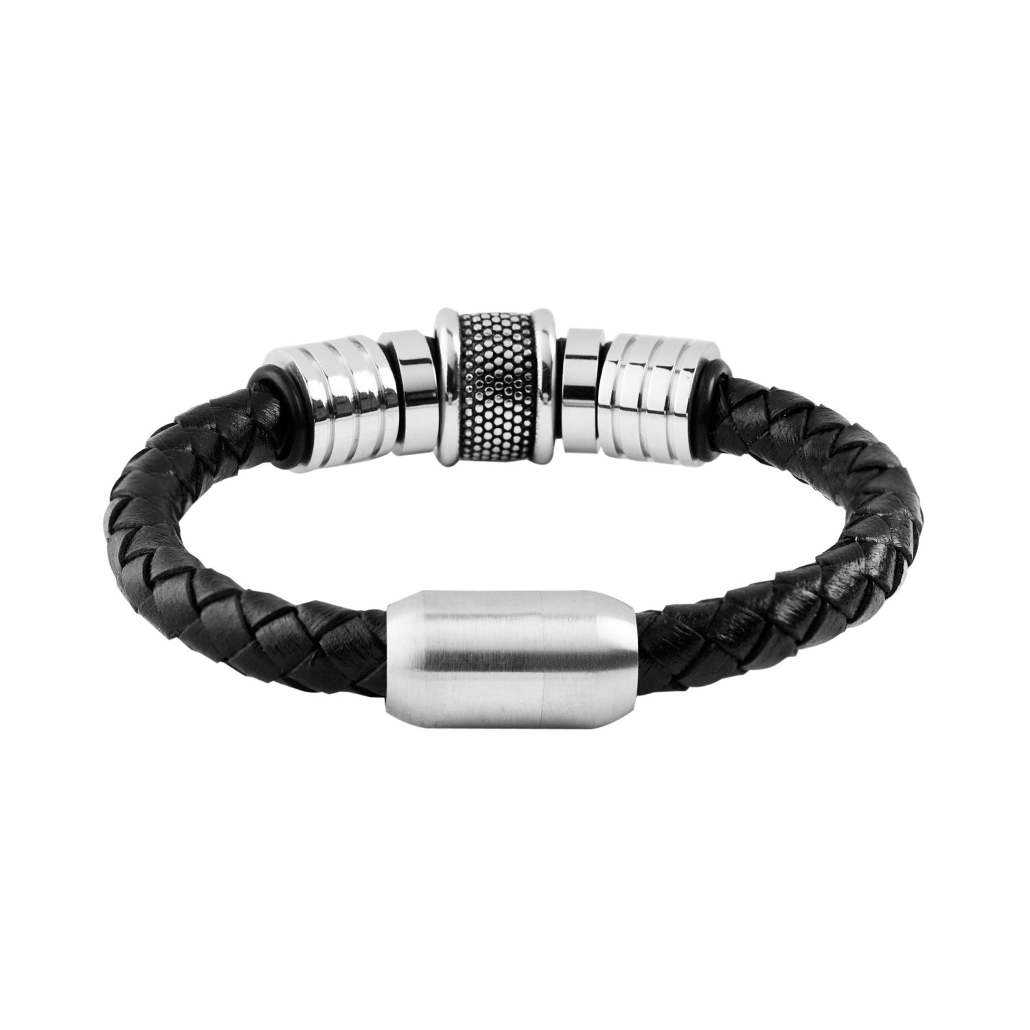 Stainless Steel Grooved Braided Leather Bracelet // Black + Silver ...