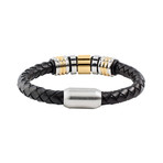 Two-Tone Stainless Steel Grooved Braided Leather Bracelet