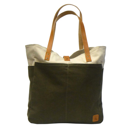 Two Tone Washed Canvas Shoulder Tote Bag // Olive