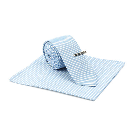 Microstripe Skinny Tie + Tie Clip + Pocket Square // Blue