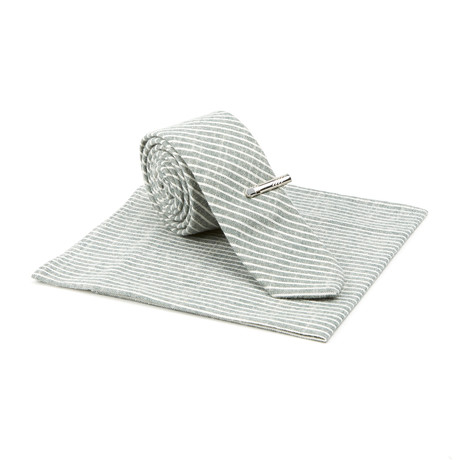 Microstripe Skinny Tie + Tie Clip + Pocket Square // Grey