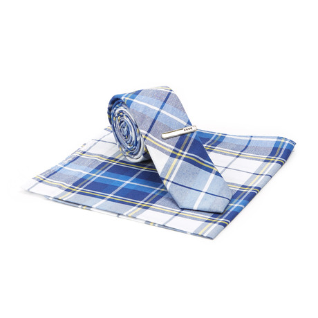 Plaid Skinny Tie + Tie Clip + Pocket Square // White + Blue