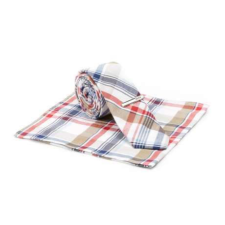 Plaid Skinny Tie + Tie Clip + Pocket Square // White + Red