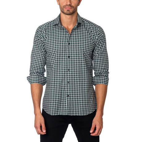 Long-Sleeve Button-Up // Green + White Weave Pattern (S)