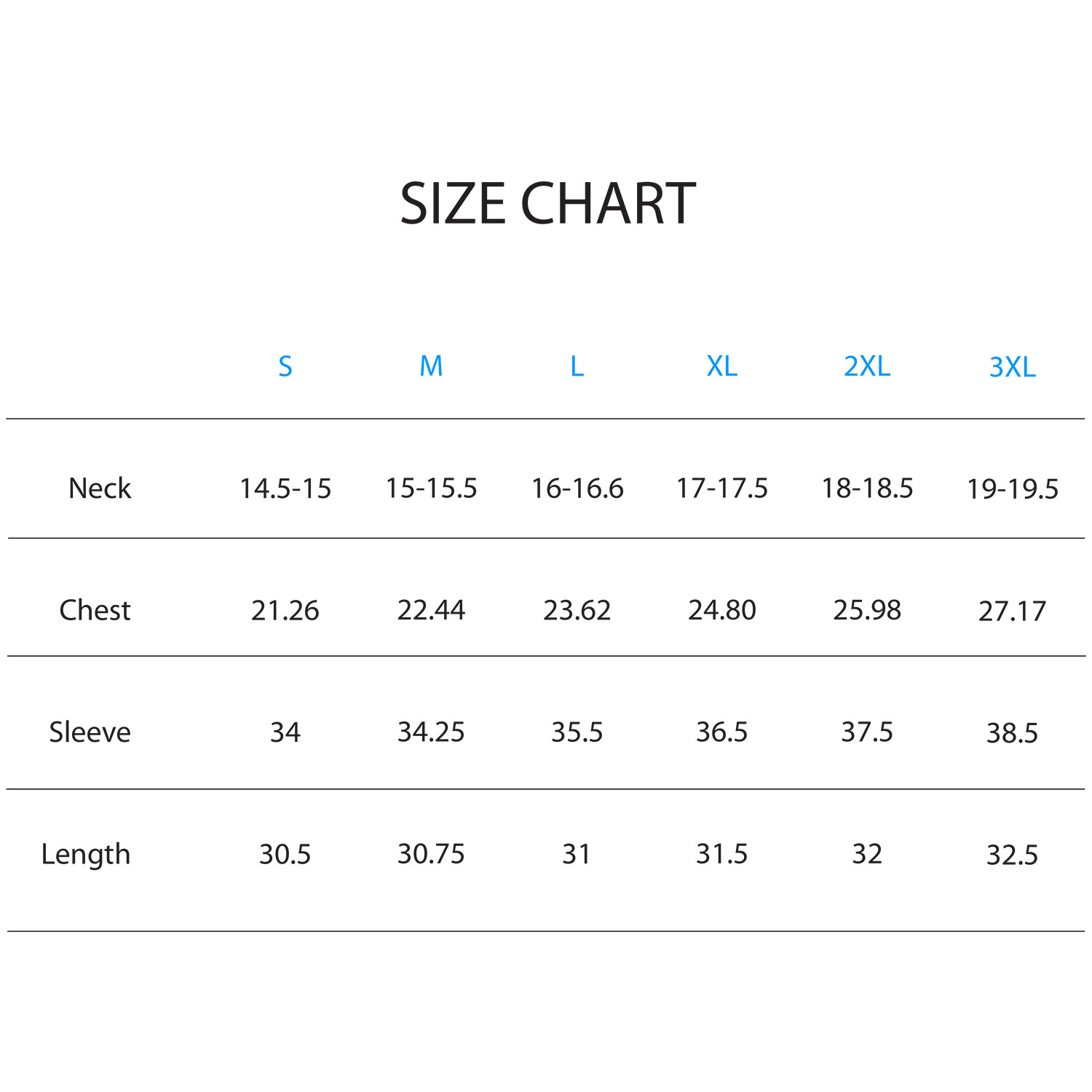 Jared Lang Shirt Size Chart
