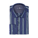 Stone Rose // Striped Button Up Shirt // Cobalt + Black (XL)
