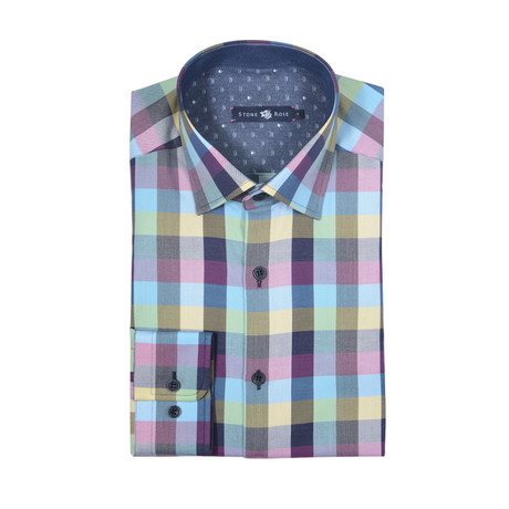 Plaid Button Up Shirt // Blue + Magenta + Navy (XS)