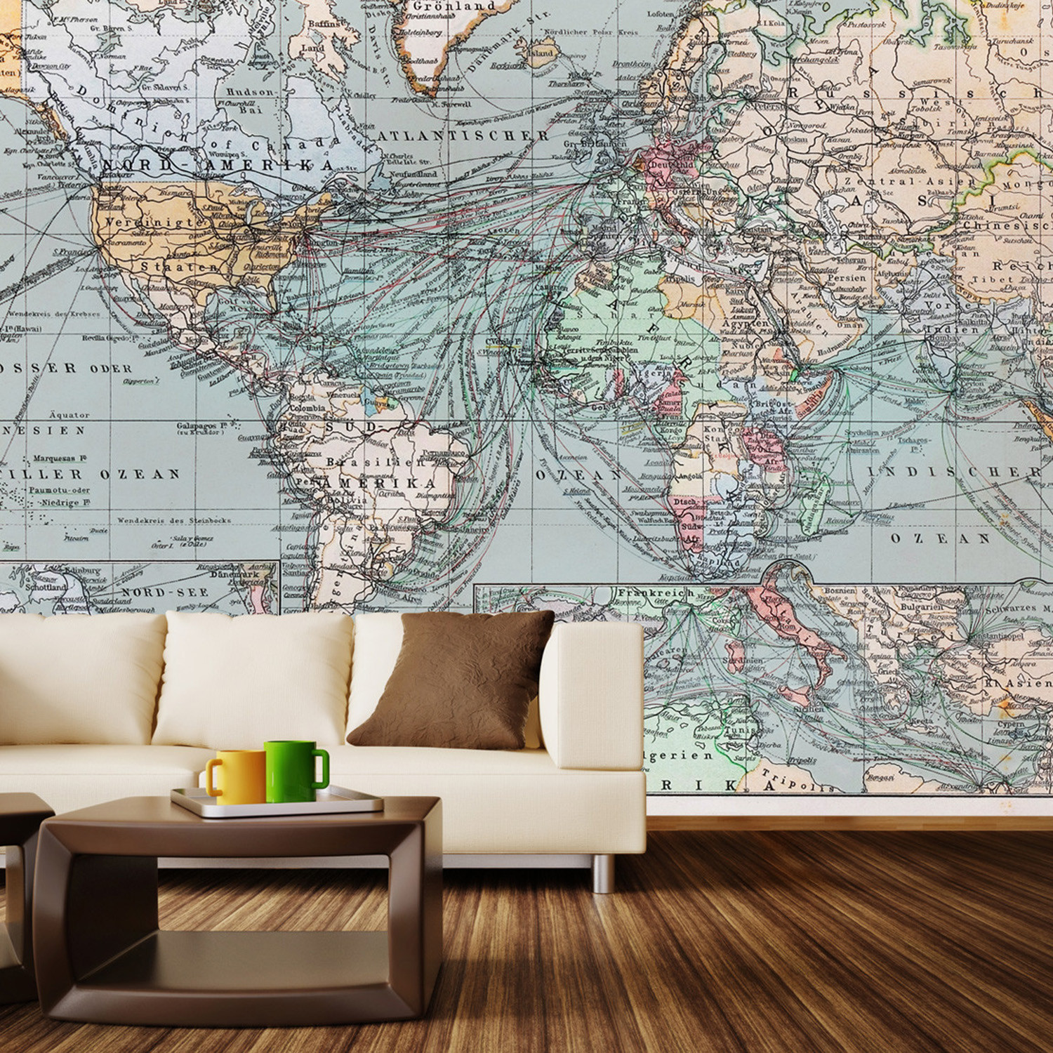 Vintage World Map Wall Mural Decal 4 Panels 93" Width