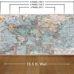 Vintage World Map Wall Mural Decal (4 Panels // 93" Width)