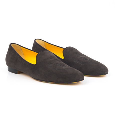 Suede Wolf Crest Embroidered Slip-On // Anthracite (Euro: 39)