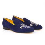 Suede Fleur De Lis Embroidered Slip-On // Blue (Euro: 39)