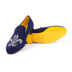 Suede Fleur De Lis Embroidered Slip-On // Blue (Euro: 39)